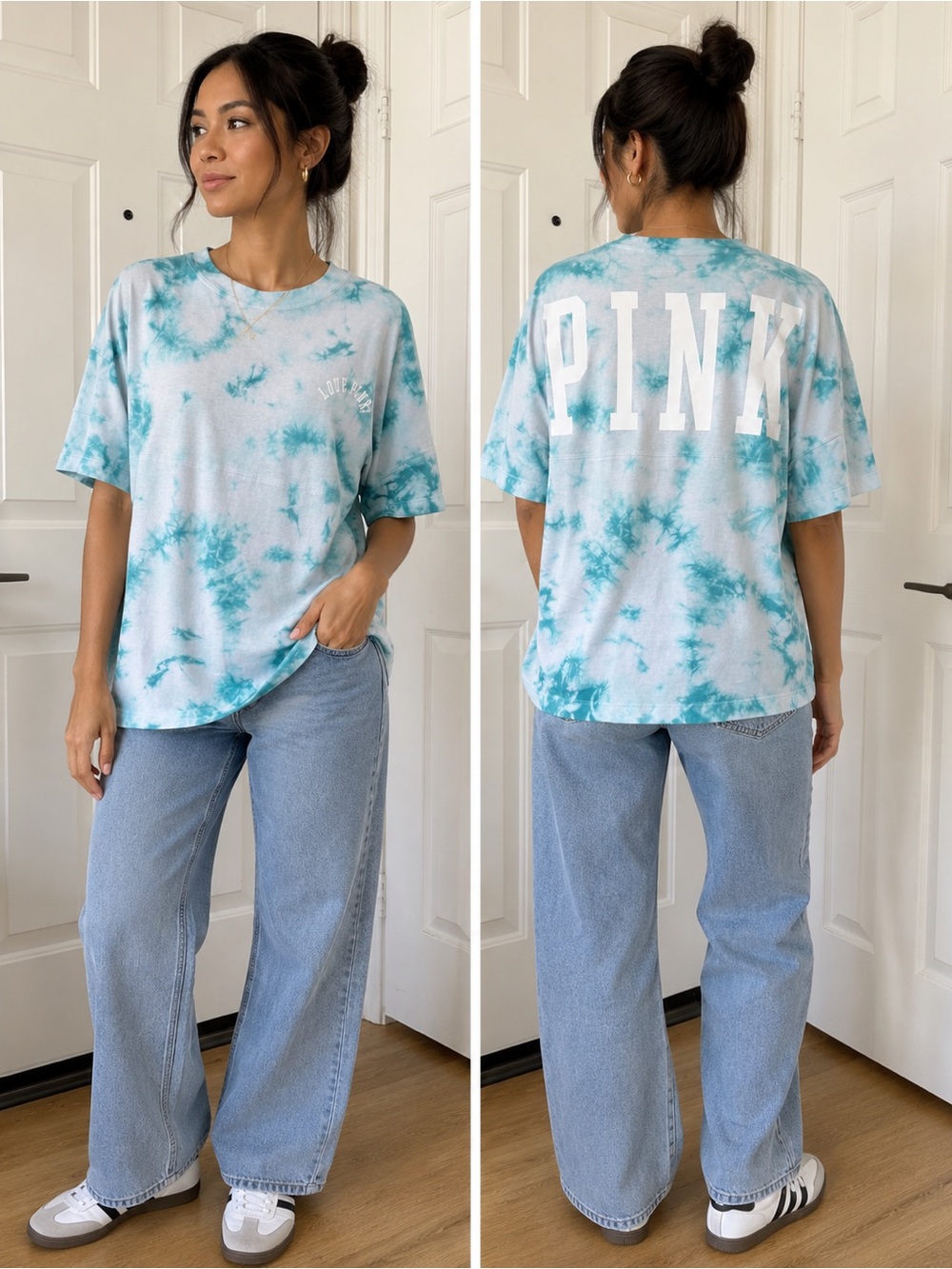 PINK Victoria's Secret Aqua & White Tie-Dye Tee